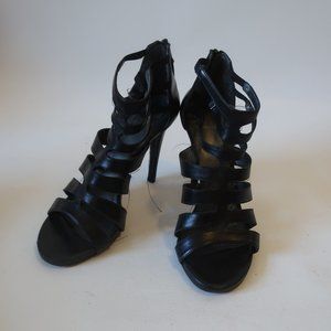 Womens Stuart Weitzman Black Back Zip Strappy Leather Heels 7.5 *